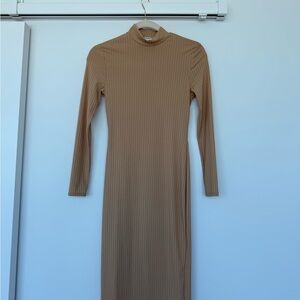 Elegant Tan Ribbed Long Sleeve Dress